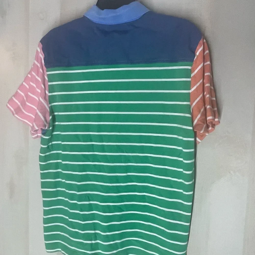 Vineyard Vines blue green‎ pink white shirt sleeve striped polo shirt, medium